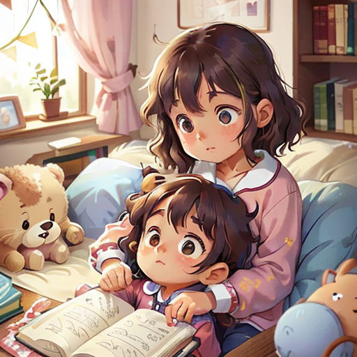 a girl and a girl reading a book in bed with teddy bears on the bed behind them and a teddy bear on the bed