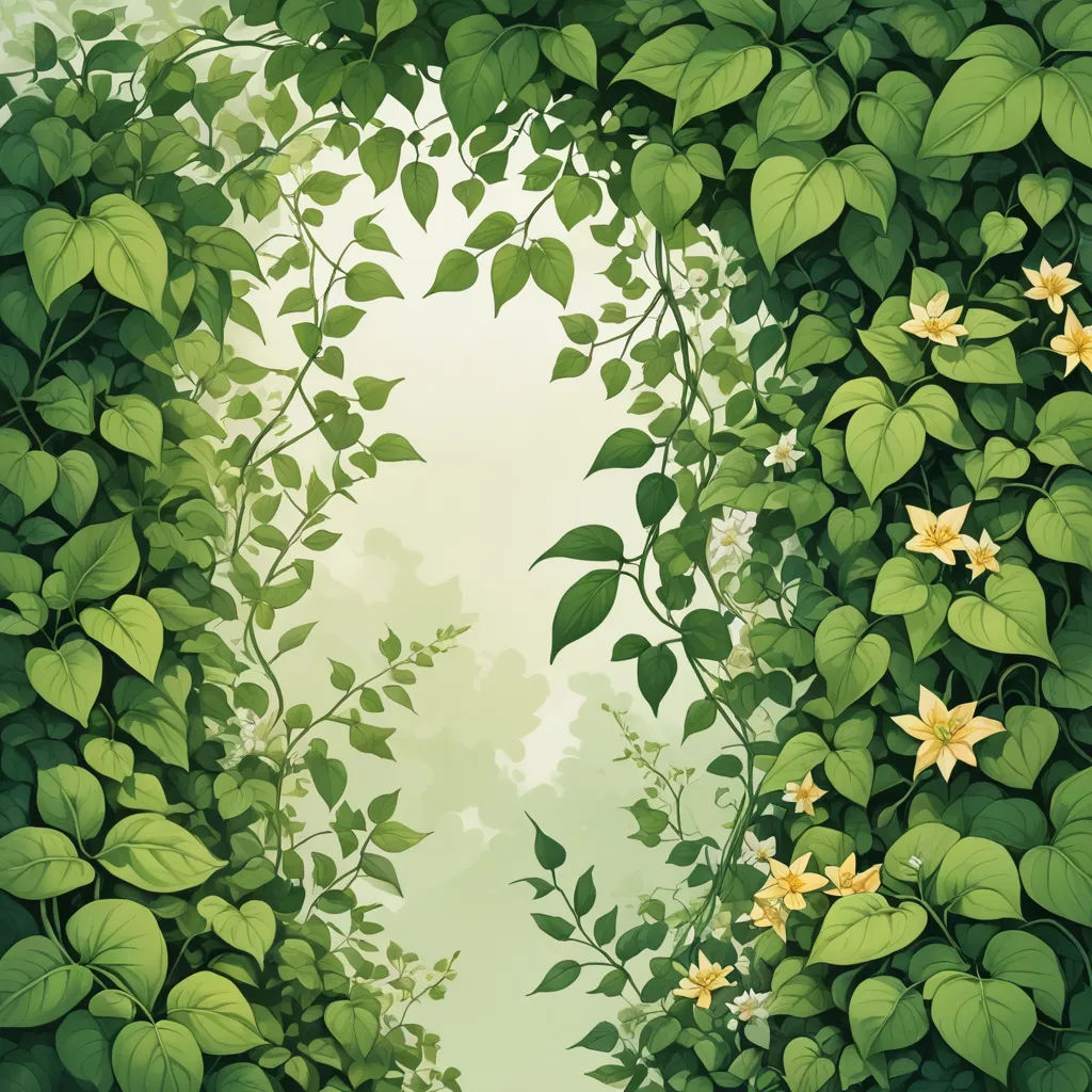 a painting of a green forest with flowers and leaves on the sides of the picture is a white background, fantasy art, a storybook illustration, Cyril Rolando, vines