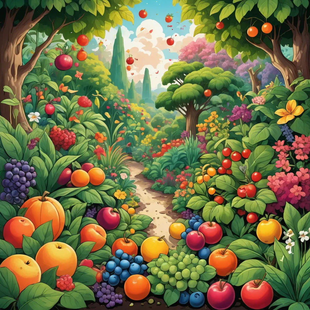 a painting of a garden with lots of fruit and trees in the background, and a path leading to a forest, fantasy art, a storybook illustration, Chris LaBrooy, highly detailed digital art