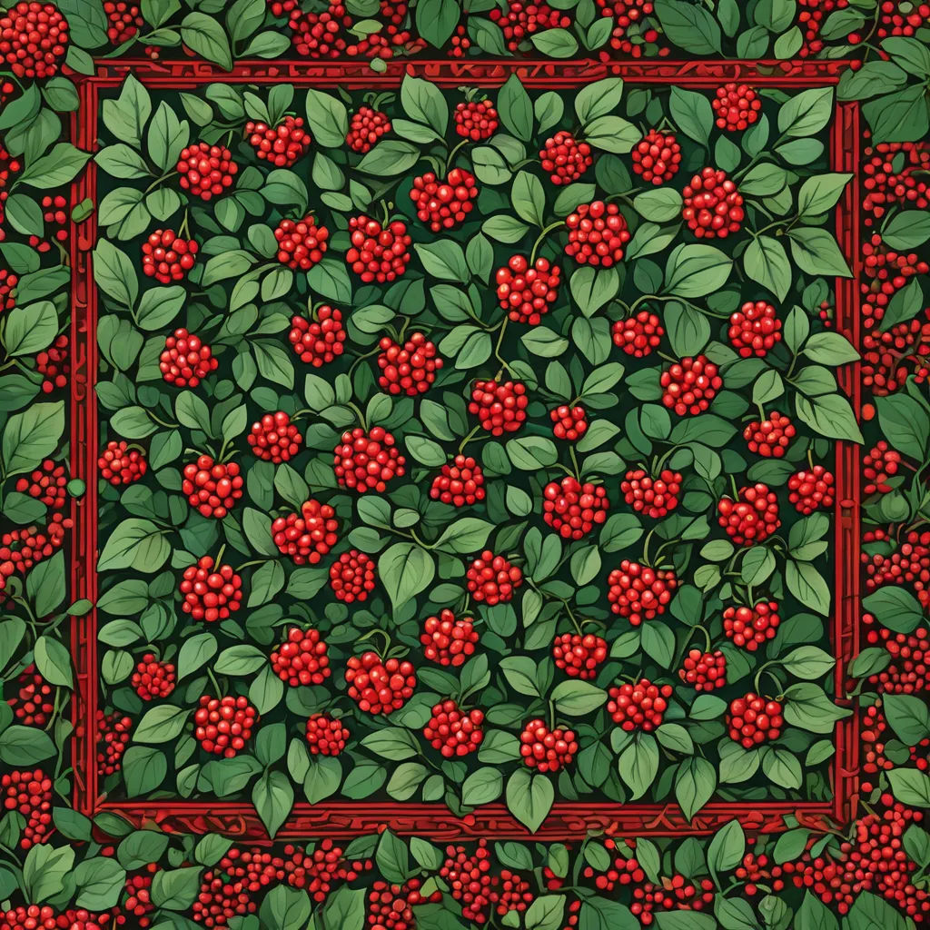 a red frame with a bunch of berries on it and green leaves on it, and a red border with a red border, folk art, a silk screen, Eileen Aldridge, berries