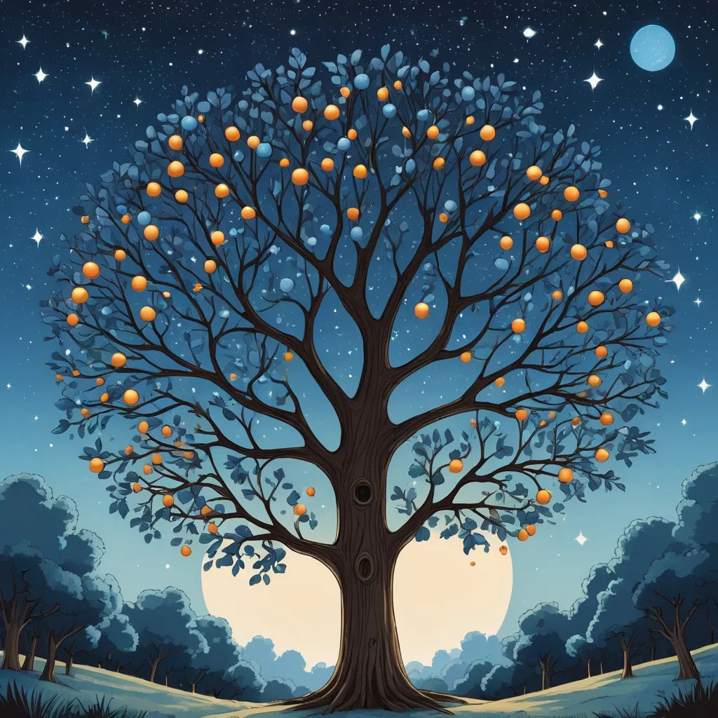 a tree with oranges on it in the night sky with stars and moon in the background, with a full moon in the sky, magical realism, a storybook illustration, David Martin, detailed illustration