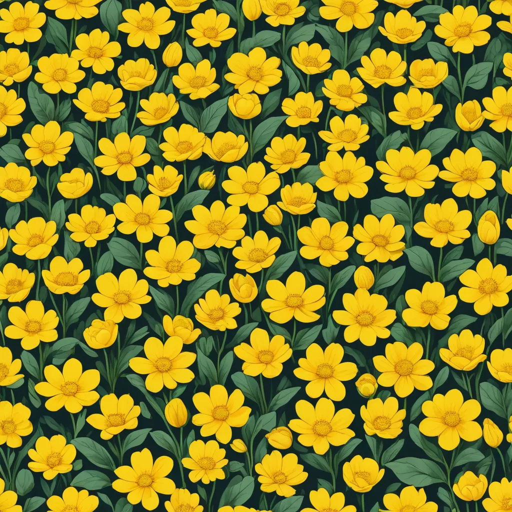 a bunch of yellow flowers with green leaves on them and a black background with a green border and a yellow center, generative art, a screenshot, Annabel Kidston, flowers