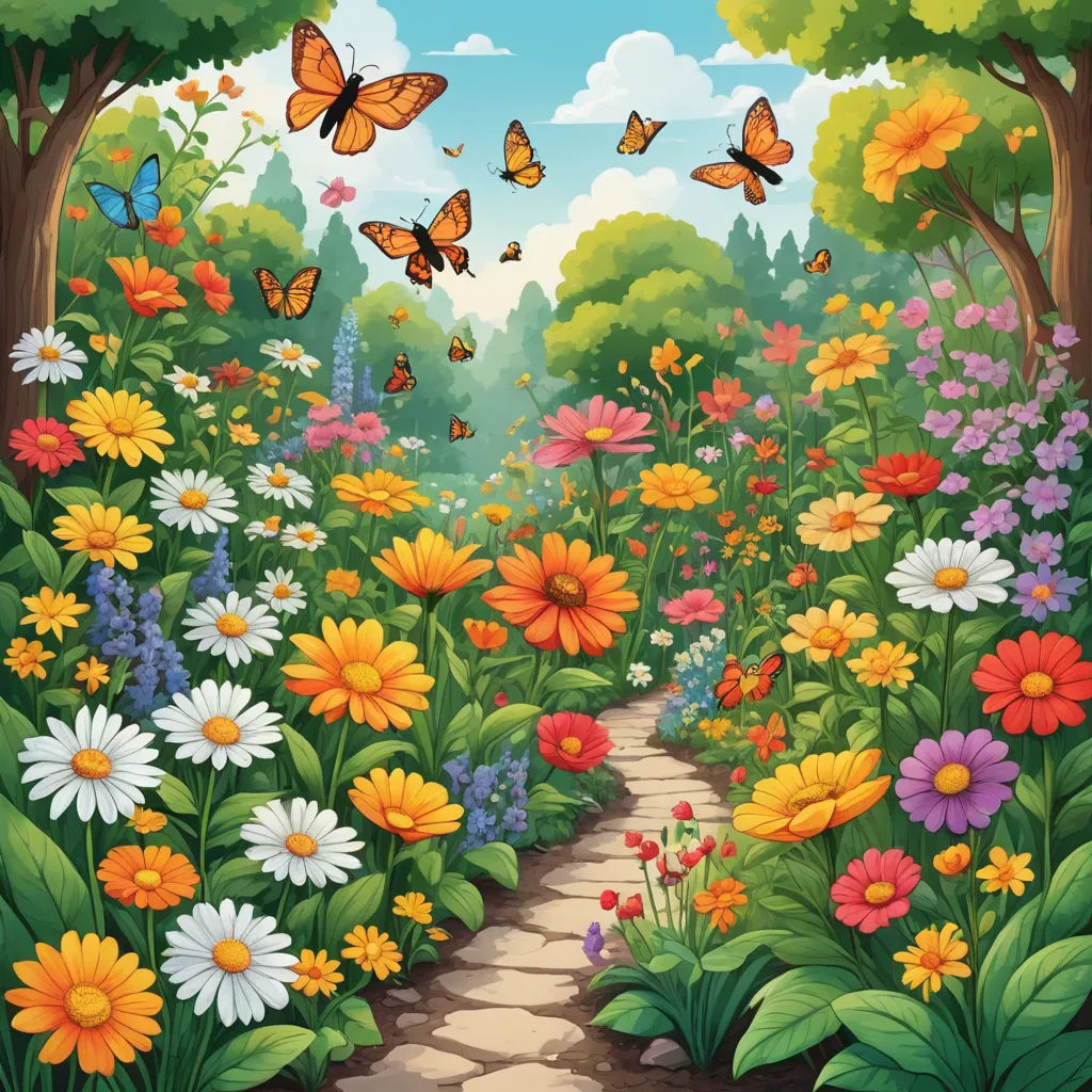 a garden with flowers and butterflies flying around it illustration of a garden with flowers and butterflies flying around it, naive art, a storybook illustration, Annabel Kidston, nature