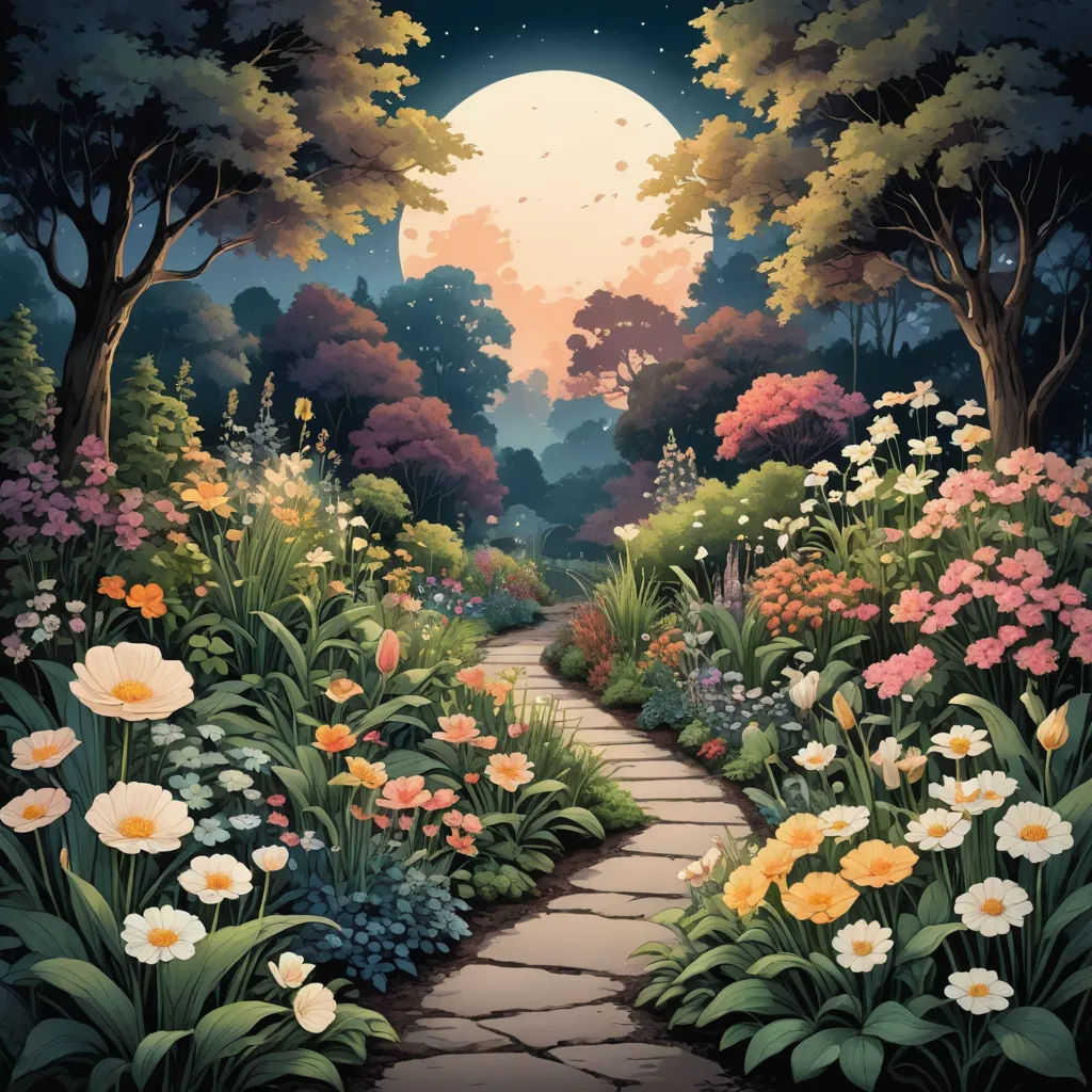 a painting of a pathway leading to a full moon in a garden with flowers and trees on either side, fantasy art, a storybook illustration, Chris LaBrooy, fantasy artwork