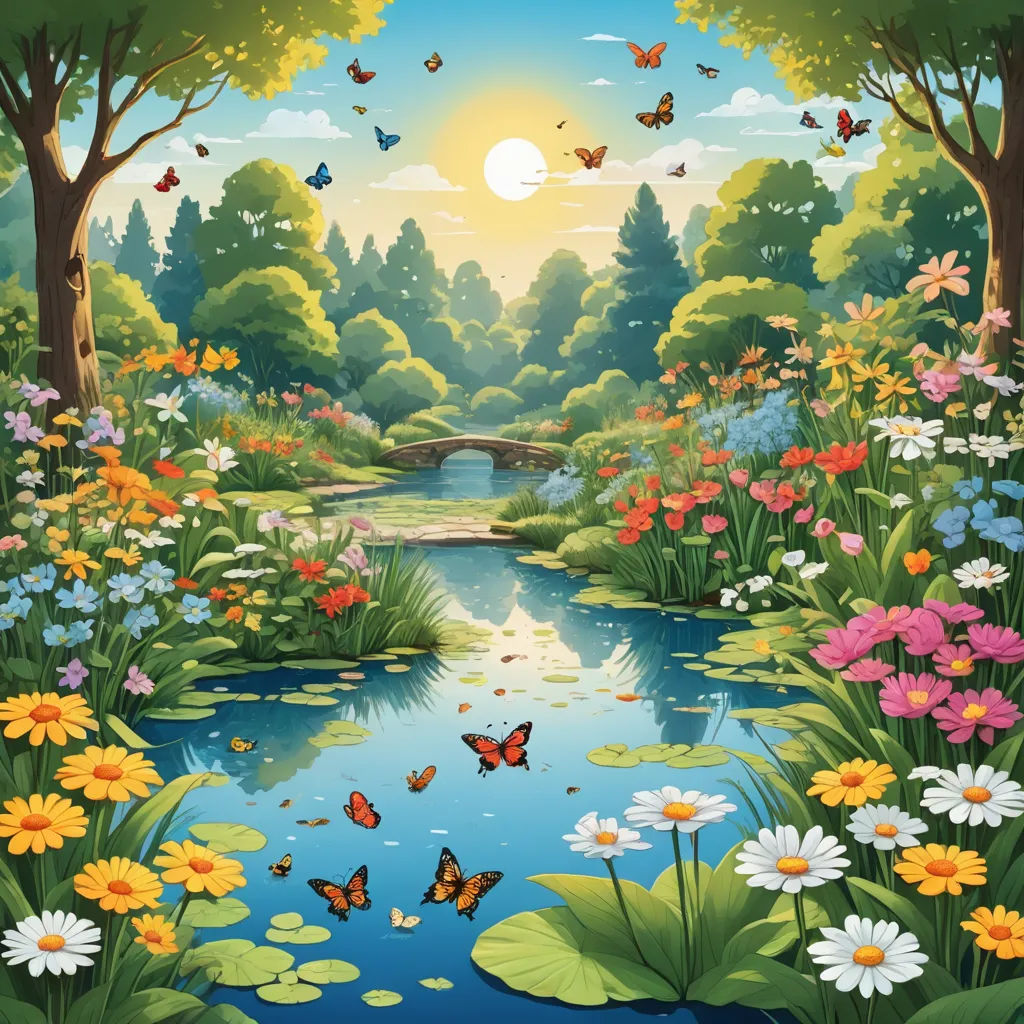a painting of a beautiful garden with flowers and butterflies flying over the water and a bridge in the background, ecological art, a storybook illustration, Chris LaBrooy, nature