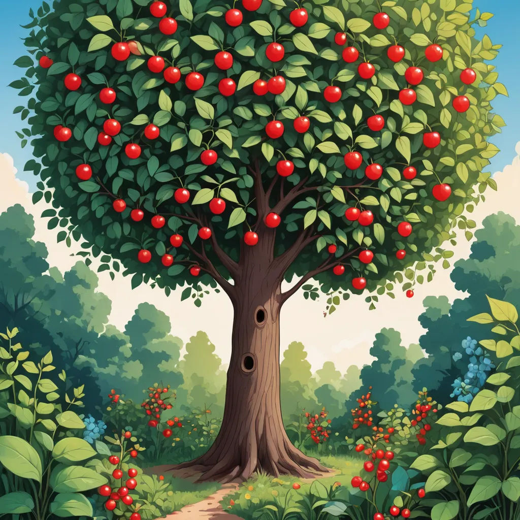 a painting of a tree with red apples on it's branches and a path leading to it in a forest, precisionism, a storybook illustration, David Martin, storybook illustration