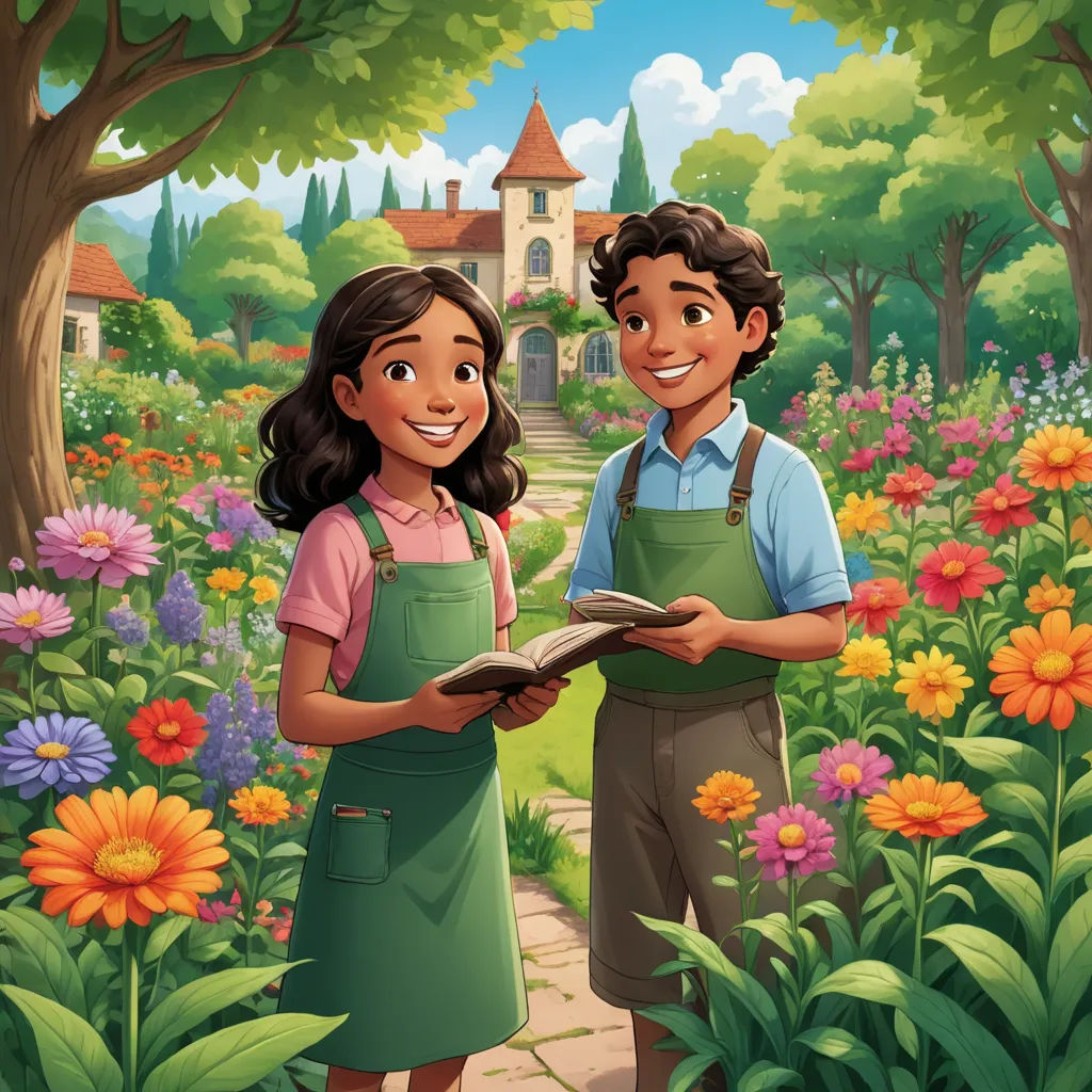 a boy and a girl are standing in a garden with flowers and a book in their hands and a castle in the background, sots art, a storybook illustration, Anne Said, promotional image