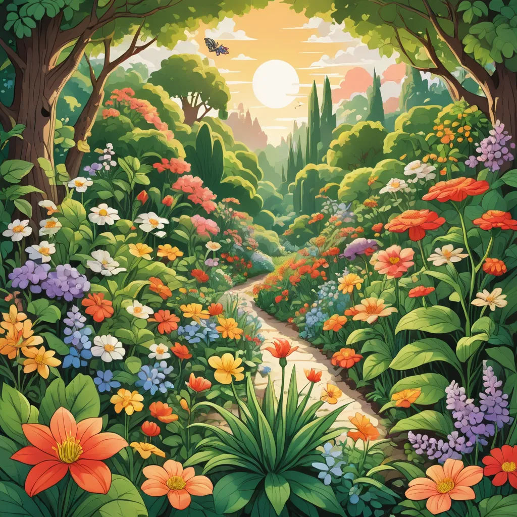 a painting of a garden with flowers and trees in the background and a bird flying over the garden and trees, fantasy art, a storybook illustration, Dan Mumford, kinkade