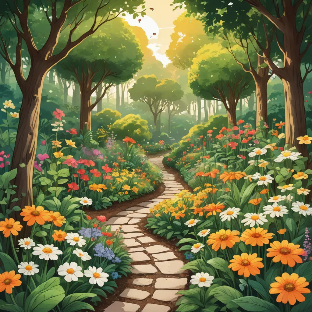 a painting of a pathway through a forest with flowers and trees on either side of it and a path leading to the sun, fantasy art, a storybook illustration, David Martin, kinkade