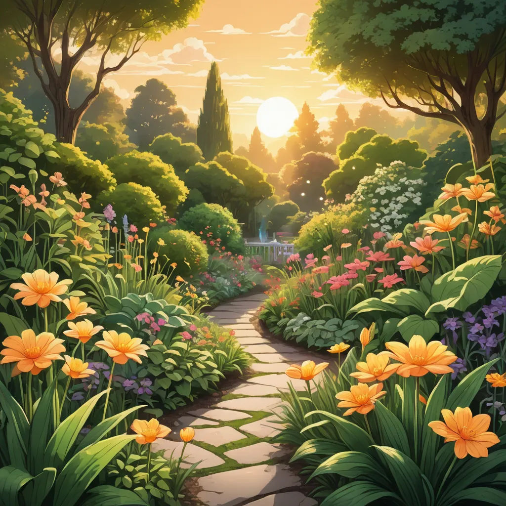 a painting of a garden with flowers and trees at sunset or sunrise time, with a path leading to a pavilion, fantasy art, a detailed matte painting, Dan Mumford, kinkade