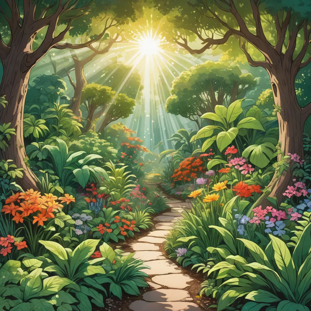 a painting of a path through a forest with flowers and trees on either side of it and the sun shining through the trees, fantasy art, a storybook illustration, Chris LaBrooy, official art