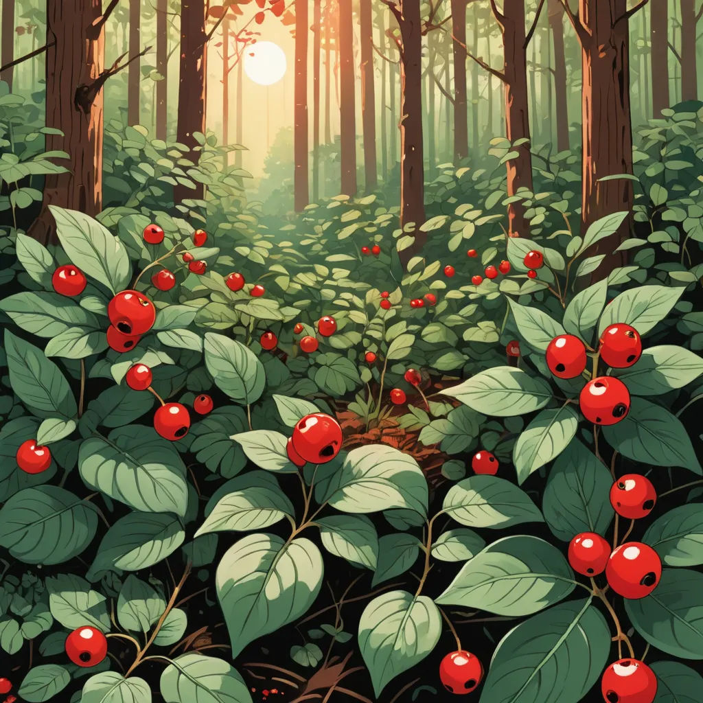 a painting of a forest with red berries and green leaves on the ground and a sun shining through the trees, environmental art, poster art, Dan Mumford, sachin teng