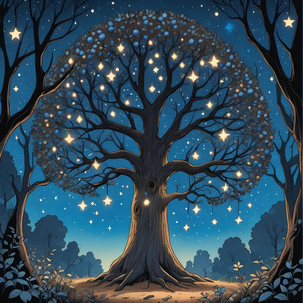 a tree with stars in the sky and a path leading to it with a light trail going through it, magical realism, a storybook illustration, David A Hardy, stars