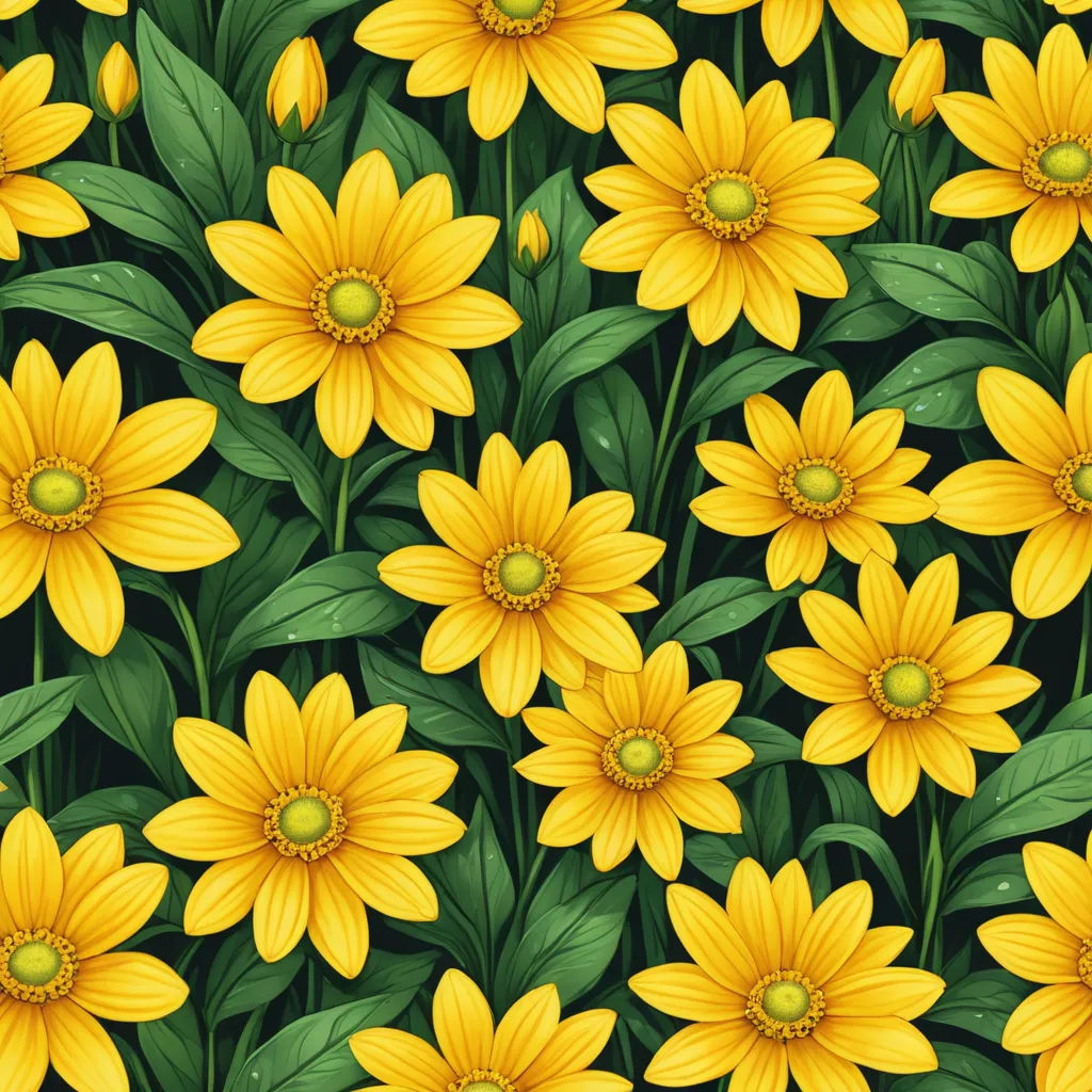 a bunch of yellow flowers with green leaves on them seamlessly background pattern for wallpaper or fabric design, generative art, a jigsaw puzzle, Claire Hummel, flowers