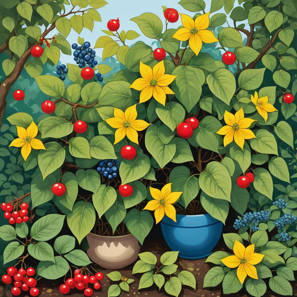 a painting of a bush with flowers and berries on it and a blue pot with berries on it and a blue bowl with berries on the bush, naive art, an illustration of, Carol Sutton, highly detailed digital painting