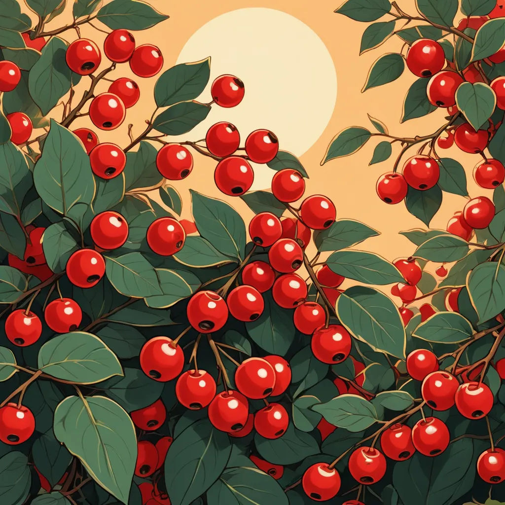 a painting of a tree with red berries on it and a sun in the background with a yellow sky, generative art, poster art, Chris LaBrooy, detailed illustration
