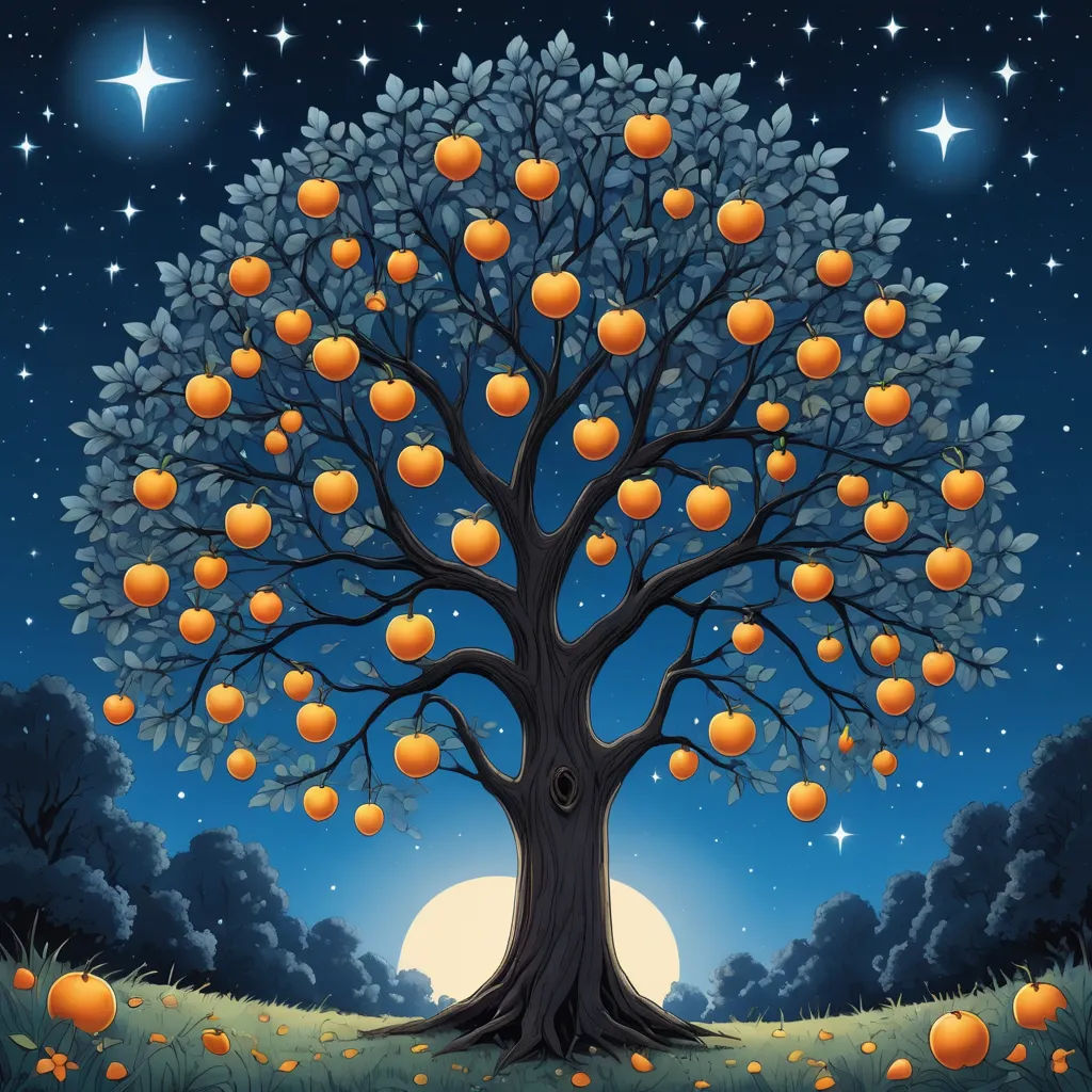 a tree with lots of oranges on it in the night sky with stars and moon in the background, precisionism, a storybook illustration, Boetius Adamsz Bolswert, detailed illustration