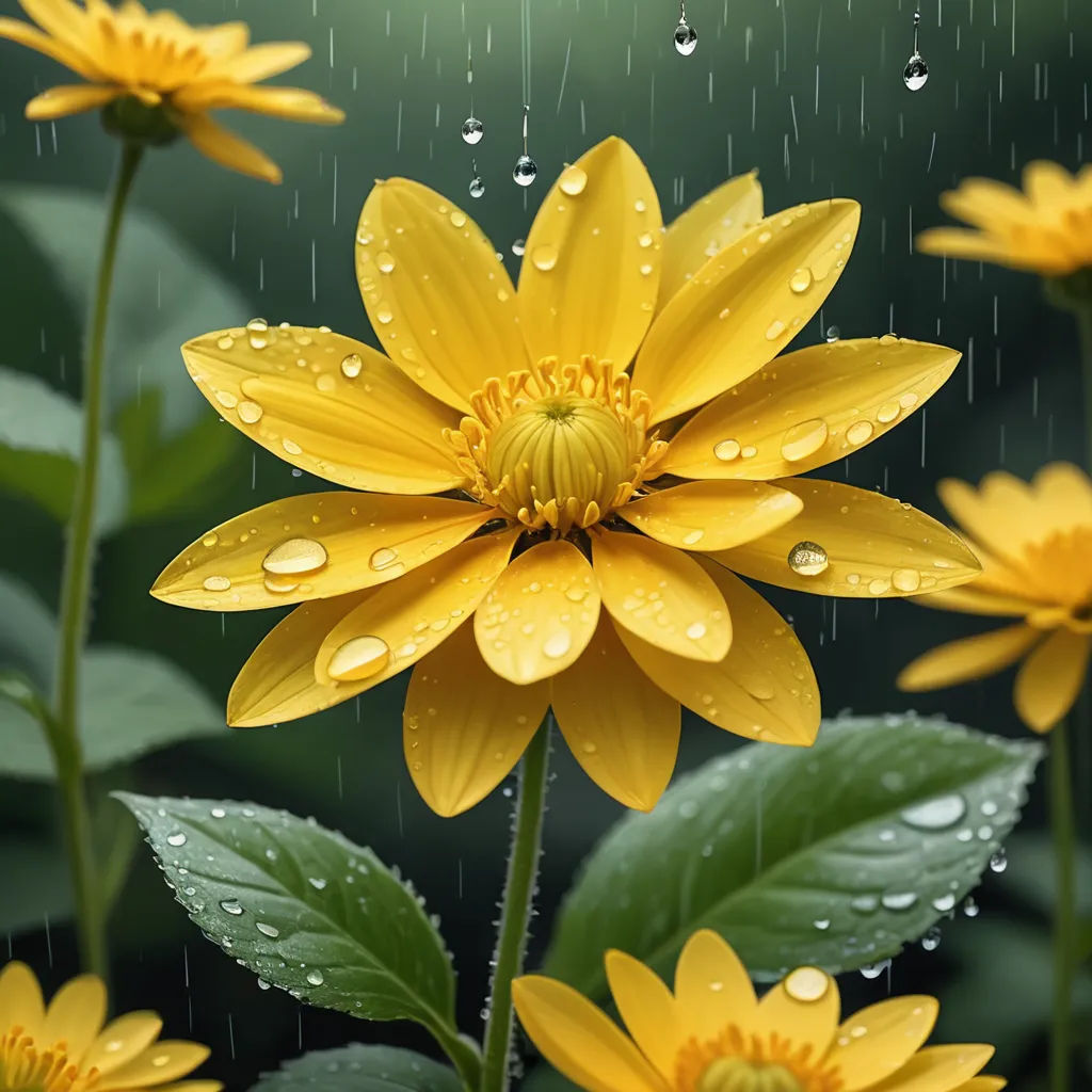 a yellow flower with water droplets on it's petals and leaves in the background, with a green background, photorealism, a photorealistic painting, Cindy Wright, rain
