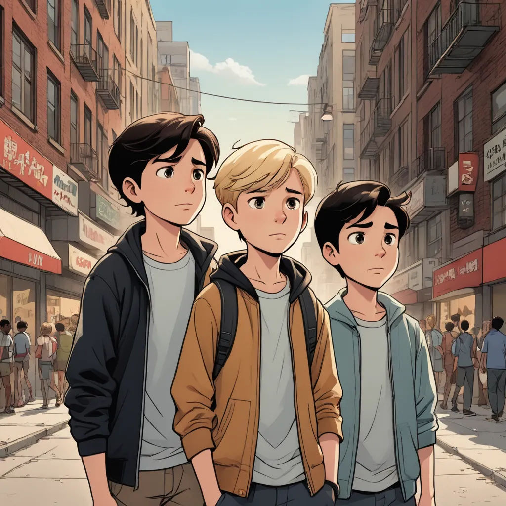 three young men standing in a city street with buildings in the background and people walking on the sidewalk in the foreground, serial art, a comic book panel, David Park, rossdraws global illumination