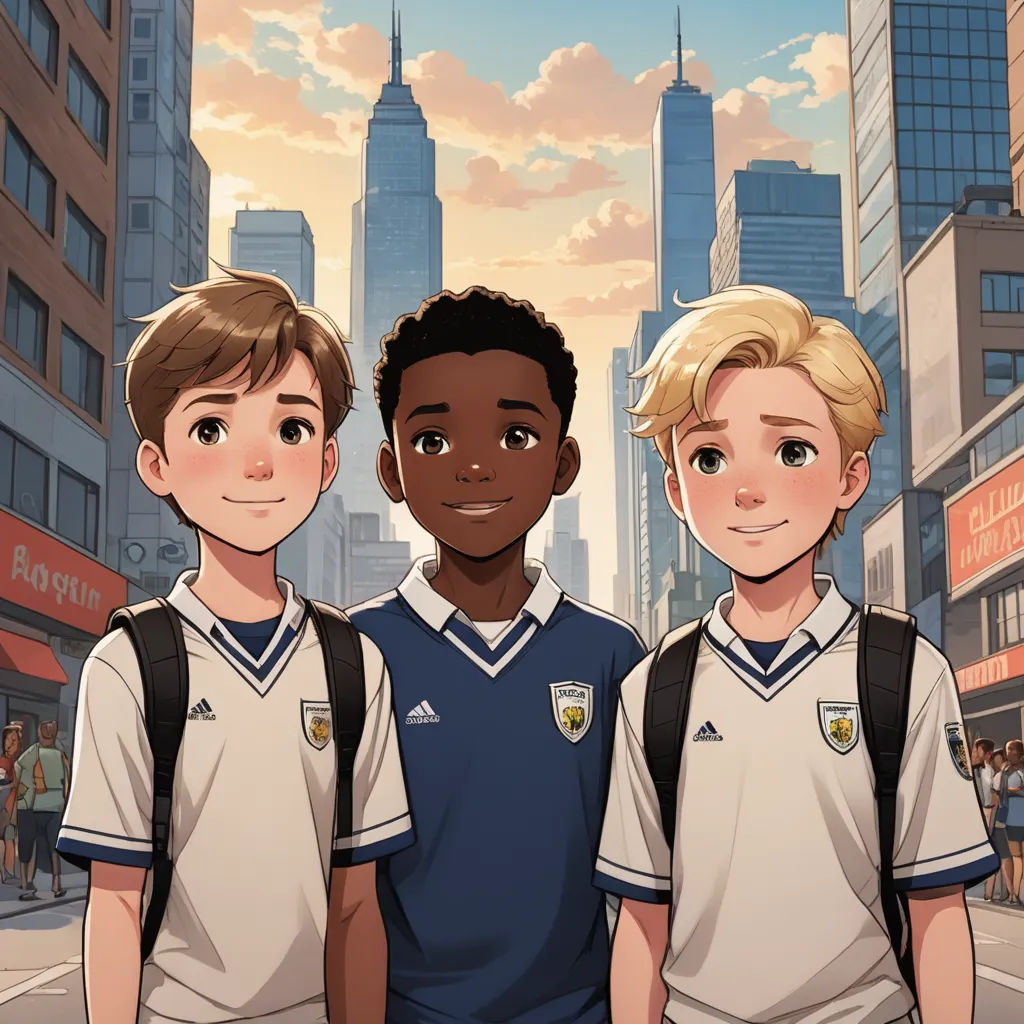 three boys standing in front of a cityscape with skyscrapers in the background and a sky line, harlem renaissance, a comic book panel, Americo Makk, official art