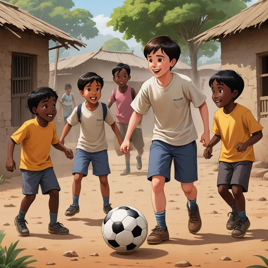 a group of children playing a game of soccer on a dirt field with a ball in front of them, american scene painting, a storybook illustration, Diego Gisbert Llorens, official art