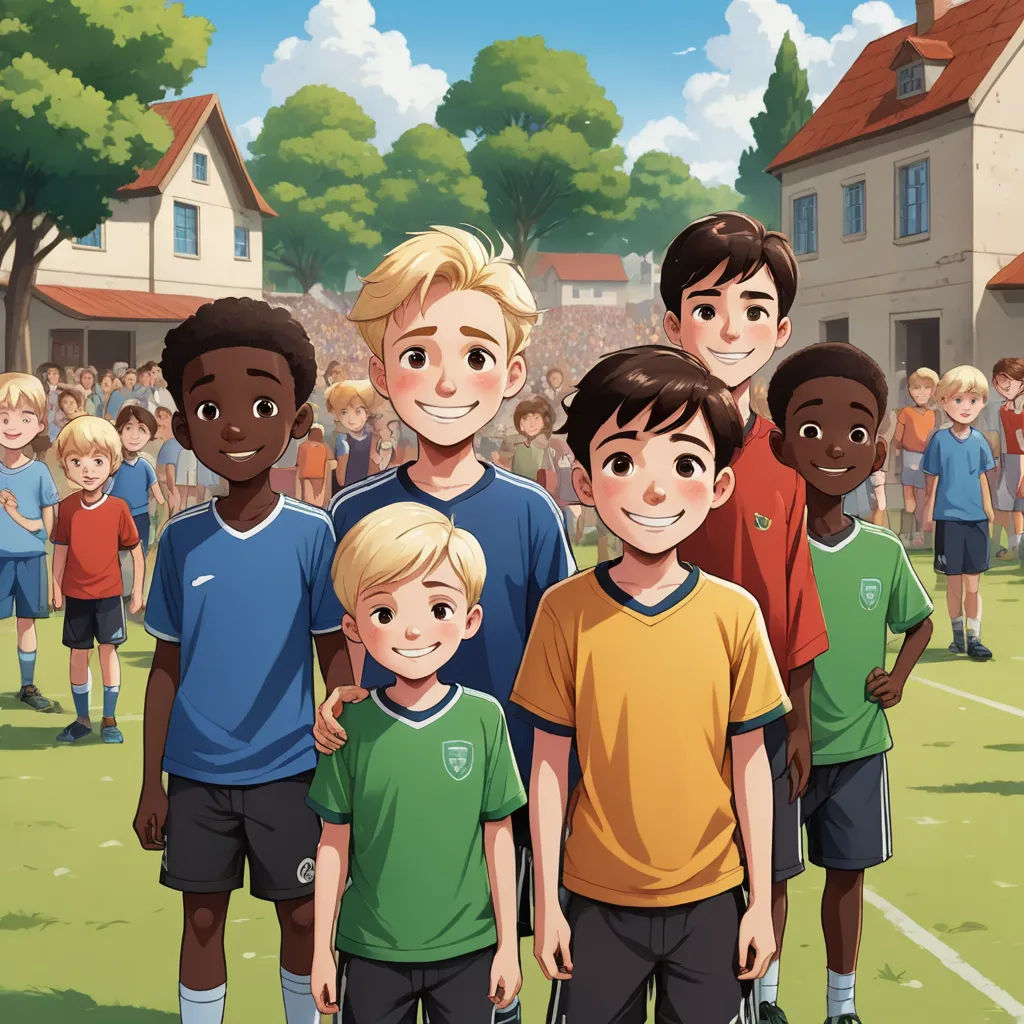 a group of children standing next to each other on a field with a crowd of people behind them in the background, paris school, a storybook illustration, Diego Gisbert Llorens, official art