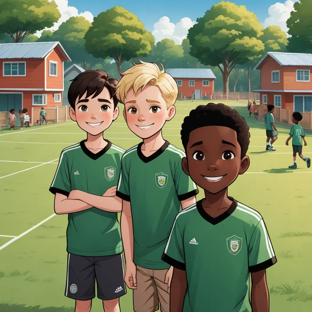 a group of young men standing on top of a soccer field next to each other on a field of grass, paris school, a storybook illustration, Florence Engelbach, official art