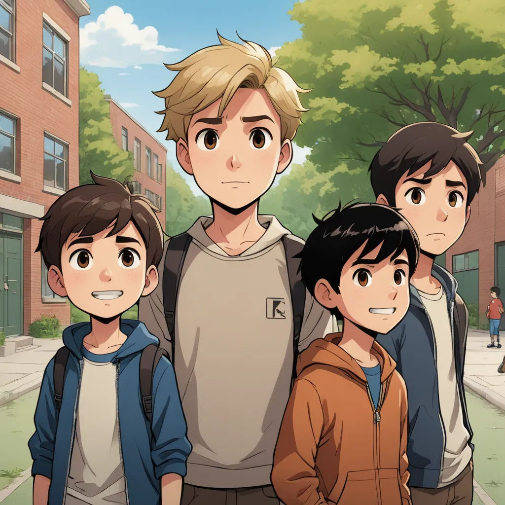 a group of young men standing next to each other on a street corner in front of a building with trees, sots art, a comic book panel, Cedric Seaut (Keos Masons), official art
