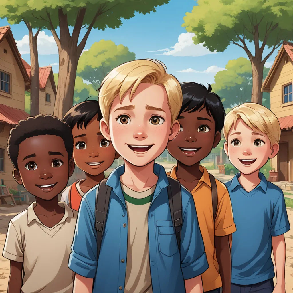 a group of children standing in front of a house with a tree in the background and a boy in the middle, american realism, a storybook illustration, Bourgeois, official art