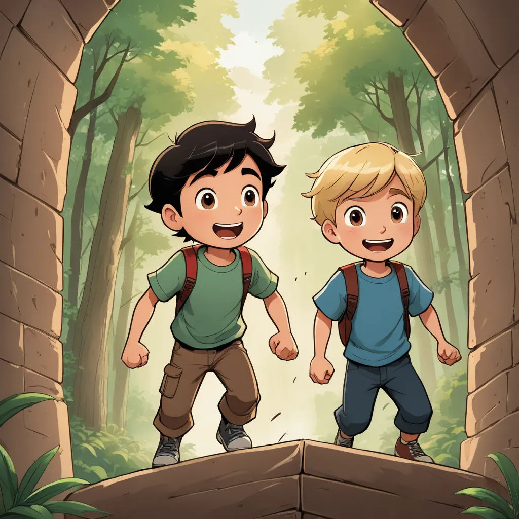 two boys are walking through a tunnel in the woods with a backpack on their shoulders and a backpack on their shoulder, sots art, a storybook illustration, Diego Gisbert Llorens, official art