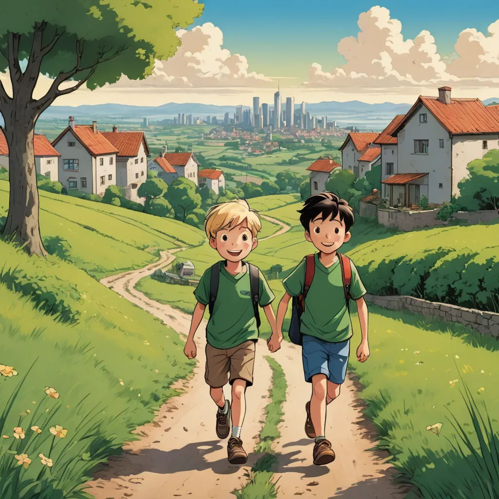 two children walking down a path in a rural area with a city in the background and a green field, environmental art, a detailed matte painting, Brothers Hildebrandt, ghibli