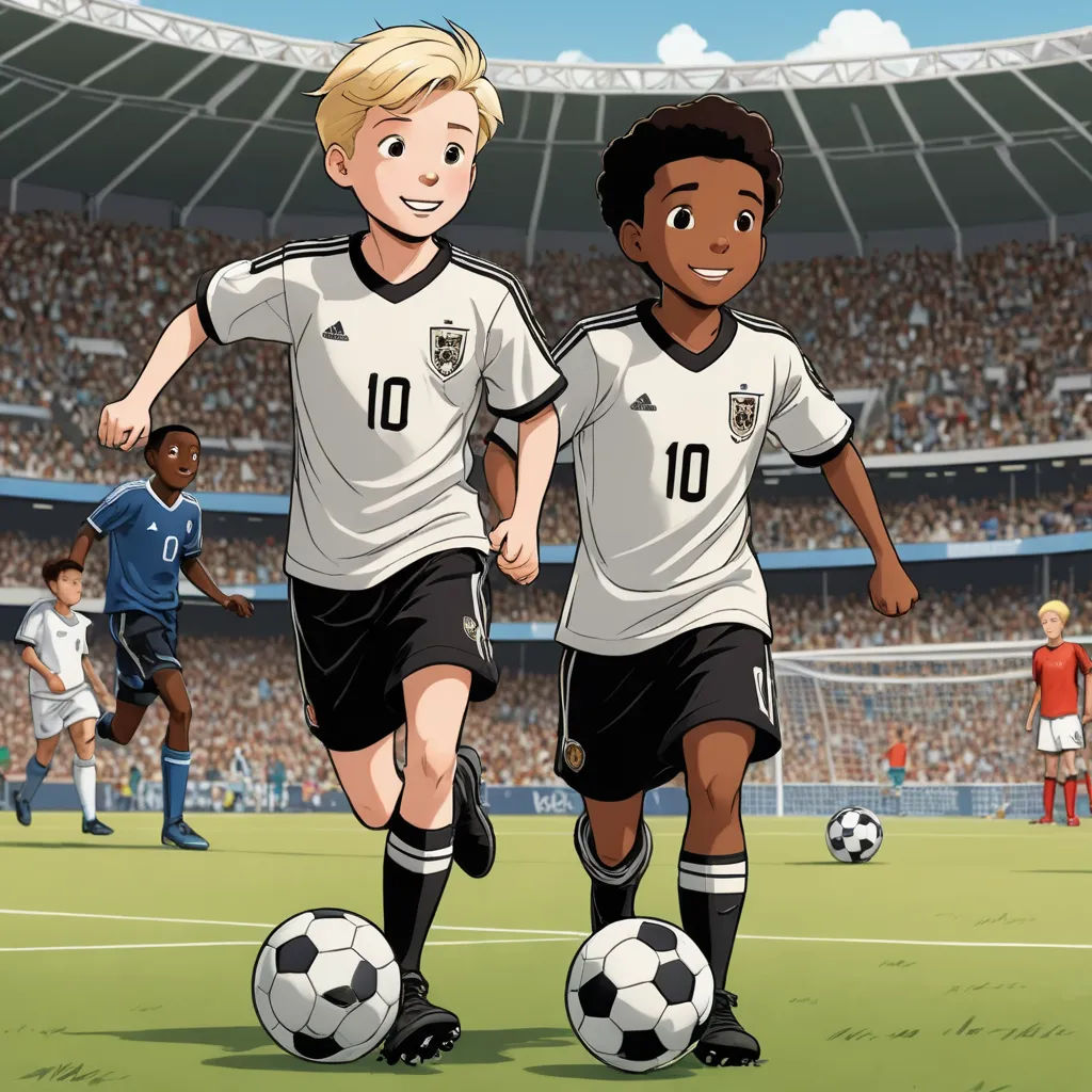 two young boys are playing soccer in a stadium with a crowd of people watching them from the stands and a soccer ball in the foreground, arbeitsrat für kunst, a comic book panel, Fathi Hassan, official art