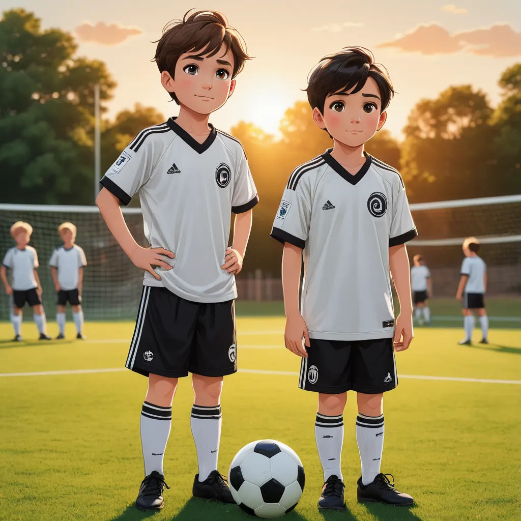 two young boys standing next to each other on a soccer field with a soccer ball in front of them, photorealism, concept art, Atey Ghailan, cgstudio