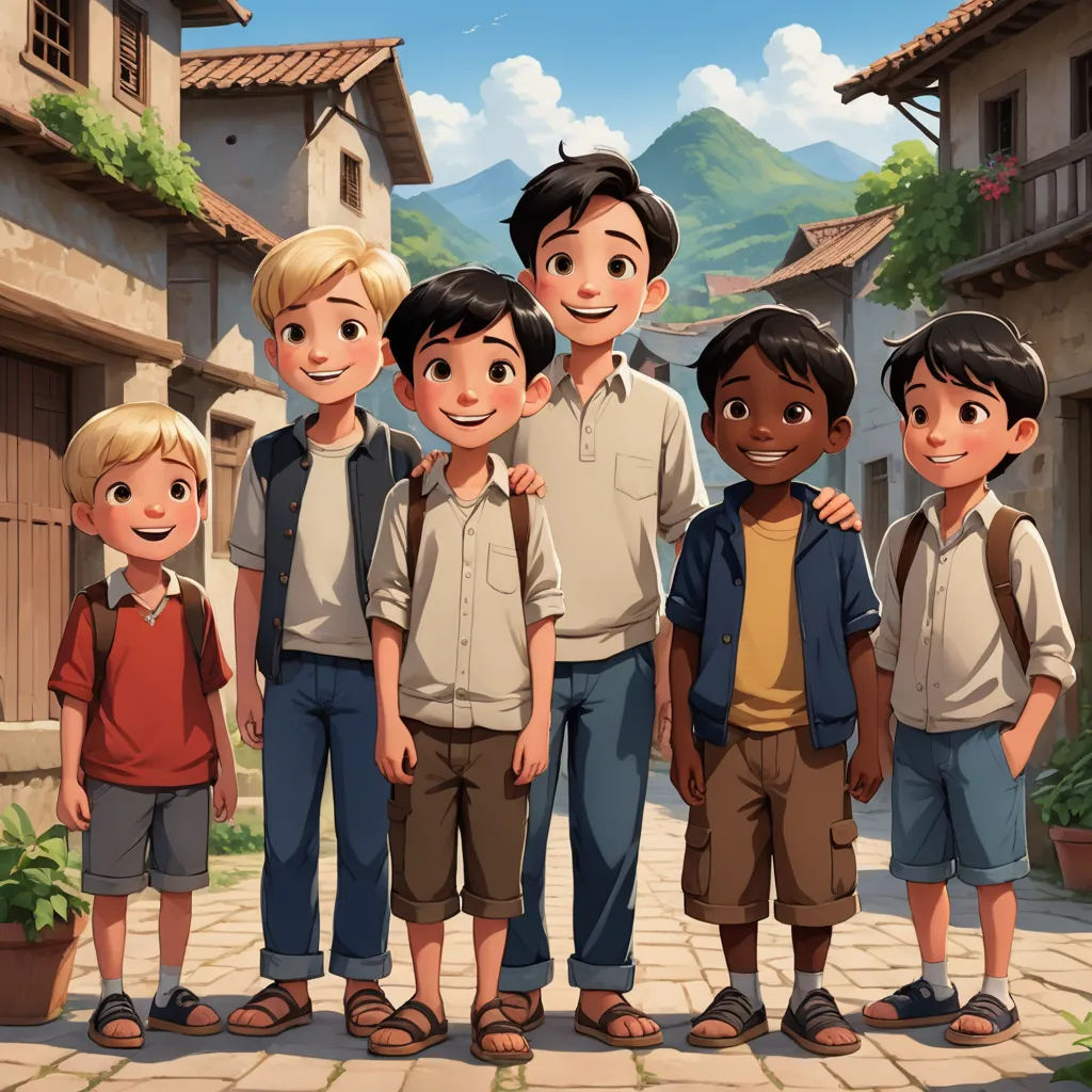 a group of children standing in front of a building with a mountain in the background and a man standing behind them, paris school, a storybook illustration, Diego Gisbert Llorens, official art