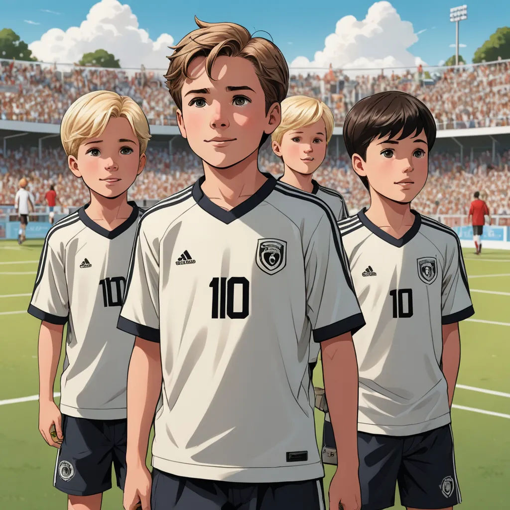 a group of young men standing next to each other on a soccer field in front of a crowd of people, fantastic realism, a comic book panel, Brothers Hildebrandt, graphic novel