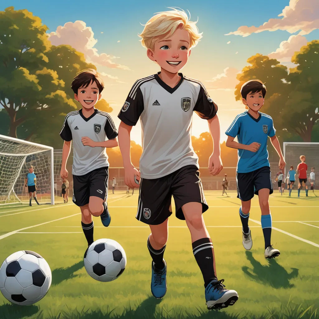 a painting of two boys playing soccer on a field with a ball in front of them and a soccer goal in the background, american scene painting, a storybook illustration, Aaron Jasinski, book cover