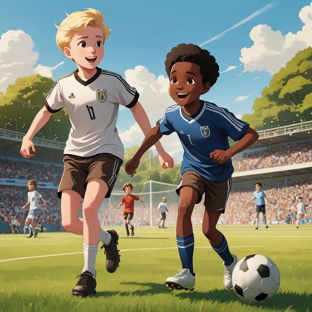 two children playing soccer in a stadium with a crowd watching them from the stands and a soccer ball in the foreground, american scene painting, a storybook illustration, Chris LaBrooy, official art