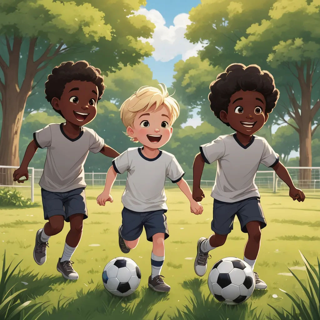 three children are playing soccer in a field with trees and grass in the background, and one boy is running towards the soccer ball, american scene painting, a storybook illustration, Chris LaBrooy, official art