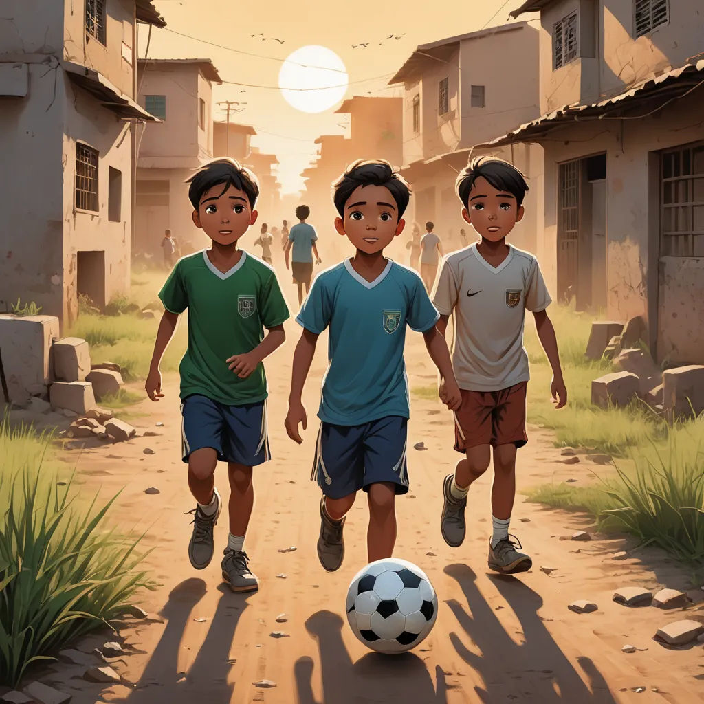 three children are walking down a dirt road with a soccer ball in front of them and a building in the background, photorealism, a storybook illustration, Chris LaBrooy, book cover