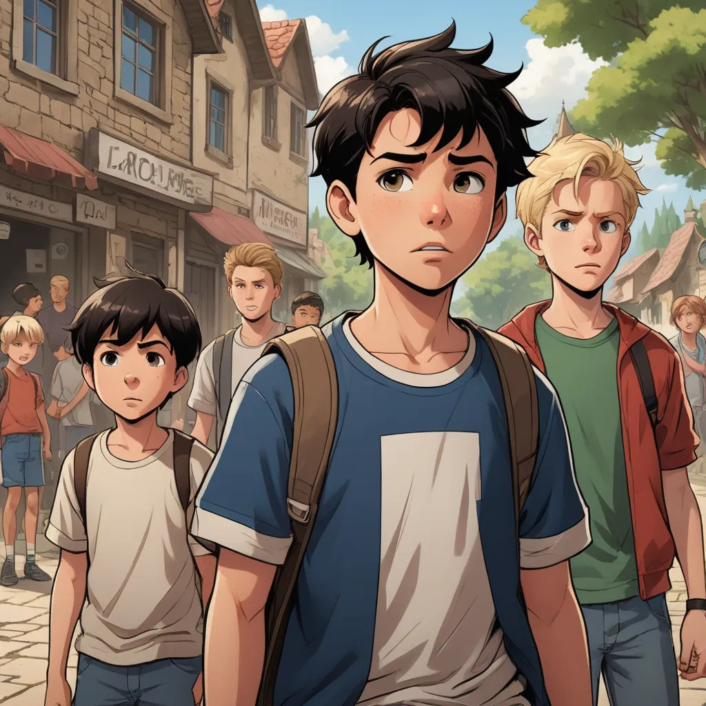 a group of young men standing next to each other on a street near a building with a crowd of people, sots art, a comic book panel, Cedric Seaut (Keos Masons), official art