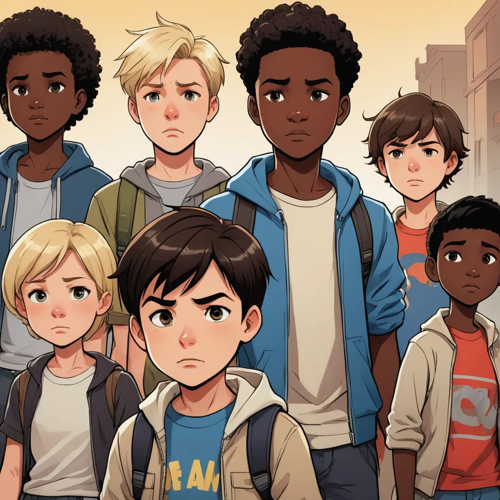 a group of young people standing next to each other in front of a cityscape with buildings and a yellow sky, sots art, concept art, Cedric Seaut (Keos Masons), key art