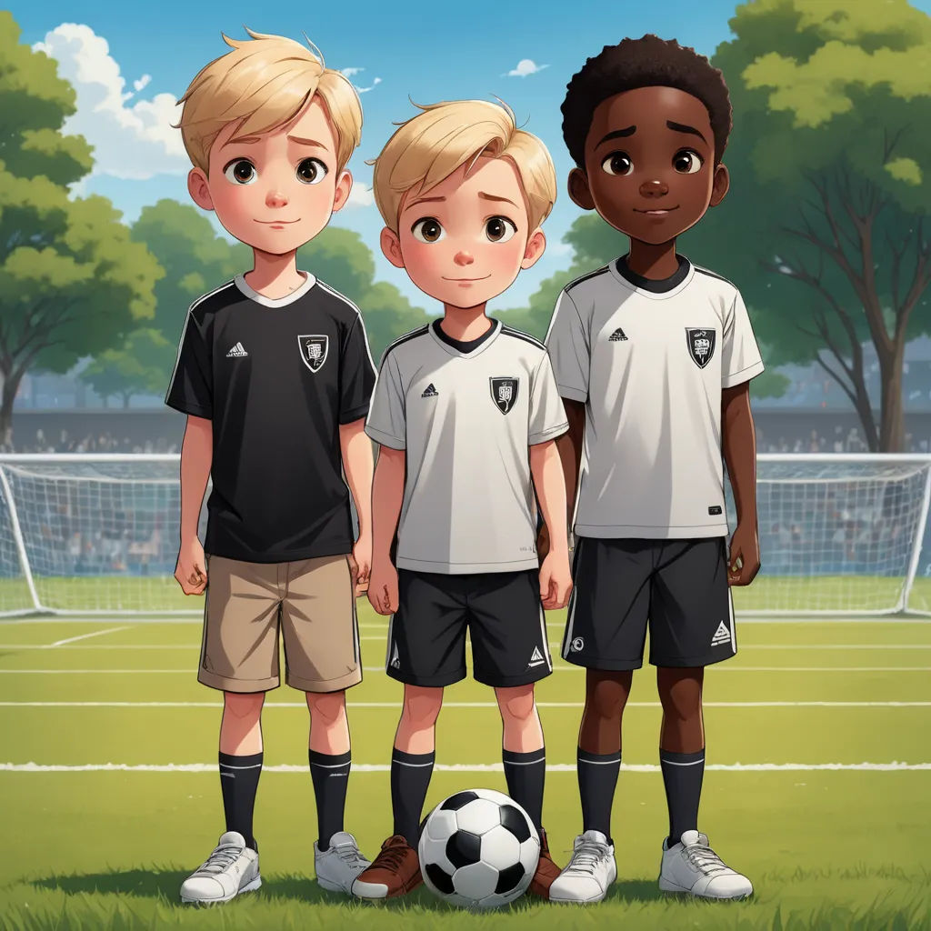 three boys standing in front of a soccer ball on a field with a goal net in the background and trees, paris school, concept art, Diego Gisbert Llorens, official art