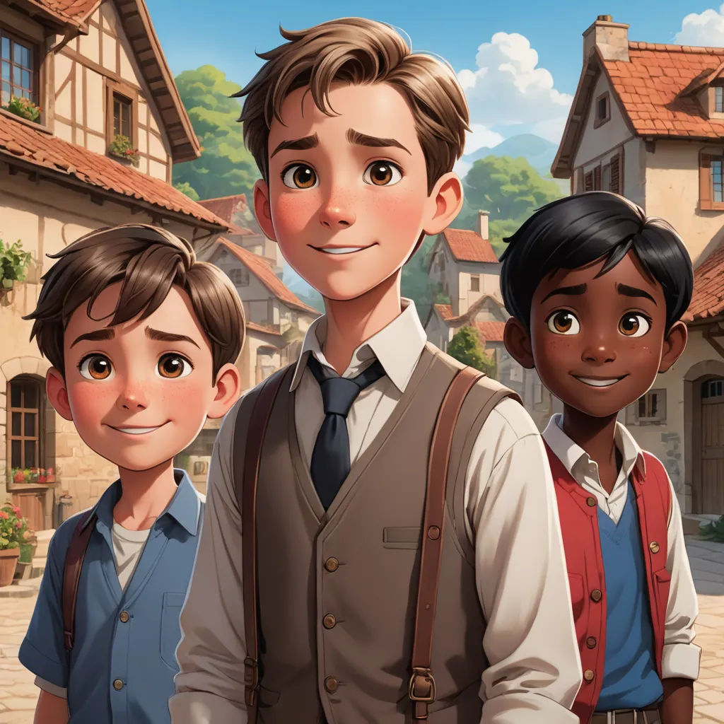 a group of people standing in front of a house with a boy in a tie and a girl in a dress, sots art, concept art, Brothers Hildebrandt, official art