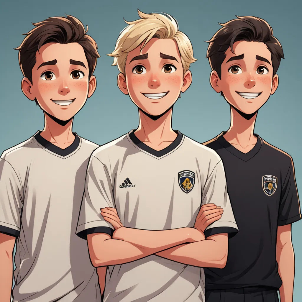 three young men standing next to each other in soccer uniforms with their arms crossed and smiling at the camera, sots art, concept art, Anson Maddocks, official art