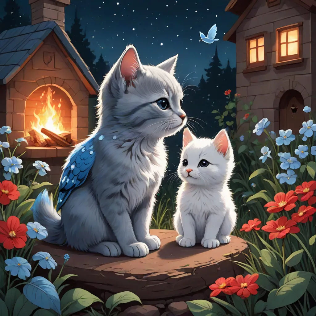 a painting of a cat and a kitten sitting on a rock in front of a fire place with a bird on it, fantasy art, a storybook illustration, Chris LaBrooy, official art