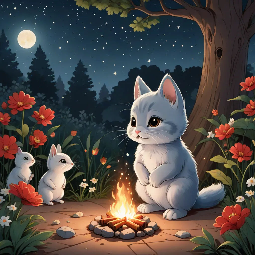 a cat sitting next to a fire in a forest with rabbits around it at night time with the moon in the sky, fantasy art, a storybook illustration, Dave Melvin, trending on art station