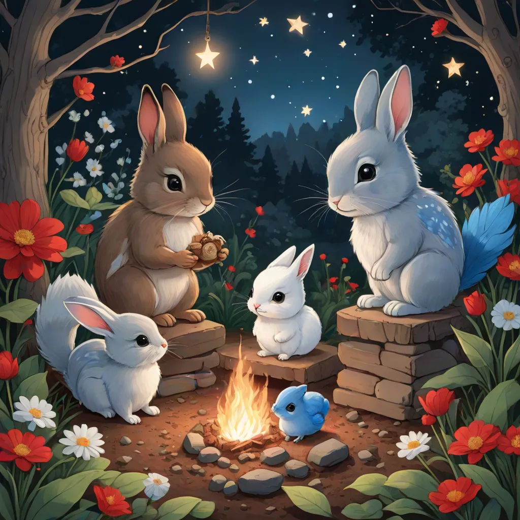 a painting of rabbits sitting around a campfire with a baby bunny in the background and a star in the sky, fantasy art, a storybook illustration, Chris LaBrooy, rossdraws global illumination