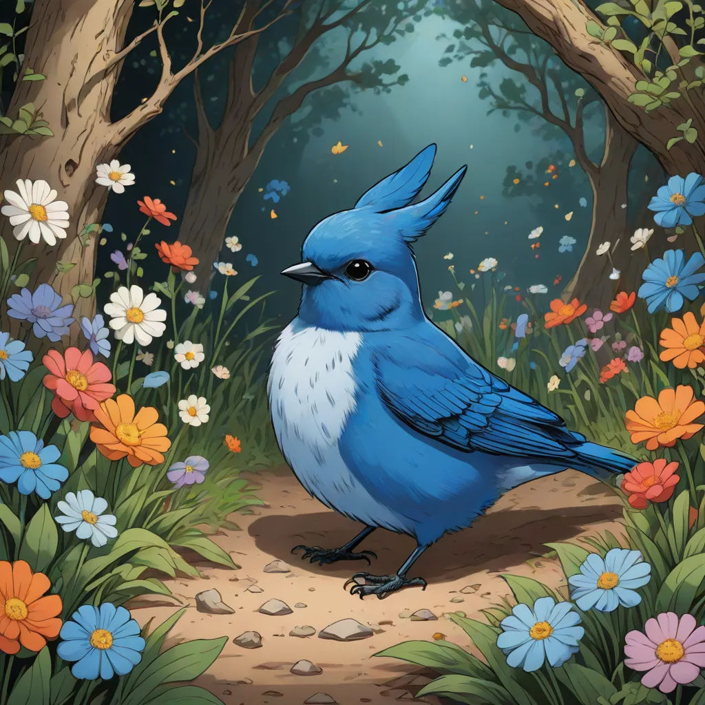a blue bird is standing in a forest with flowers and trees around it and a path leading to it, fantasy art, a storybook illustration, Chris LaBrooy, birds