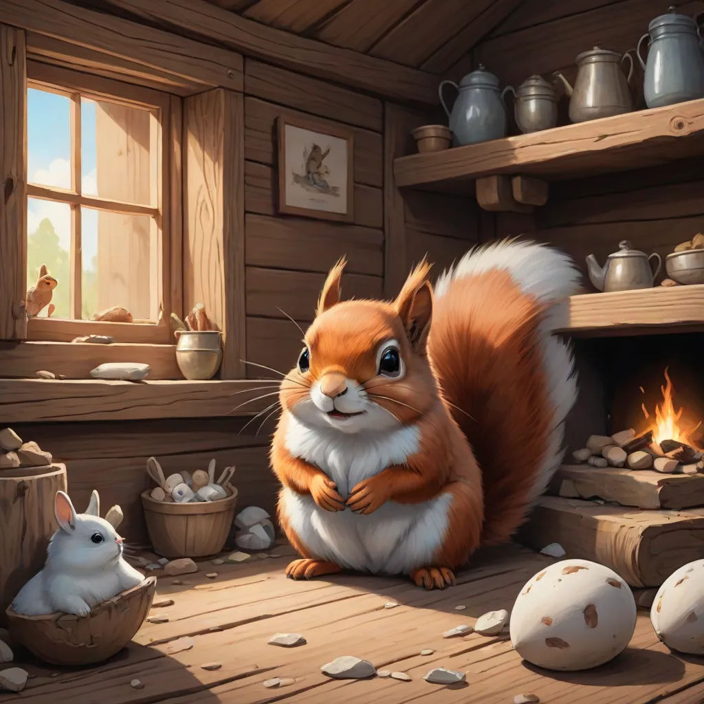 a squirrel and some other animals in a room with eggs and a fireplace in the background, and a window with a view of a forest, fantasy art, a storybook illustration, Chris LaBrooy, trending on art station