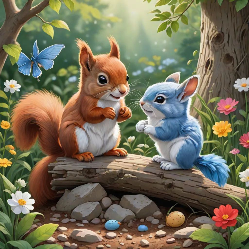 a painting of a squirrel and a squirrel on a log in a forest with flowers and butterflies around it, furry art, a detailed painting, Chris LaBrooy, official art